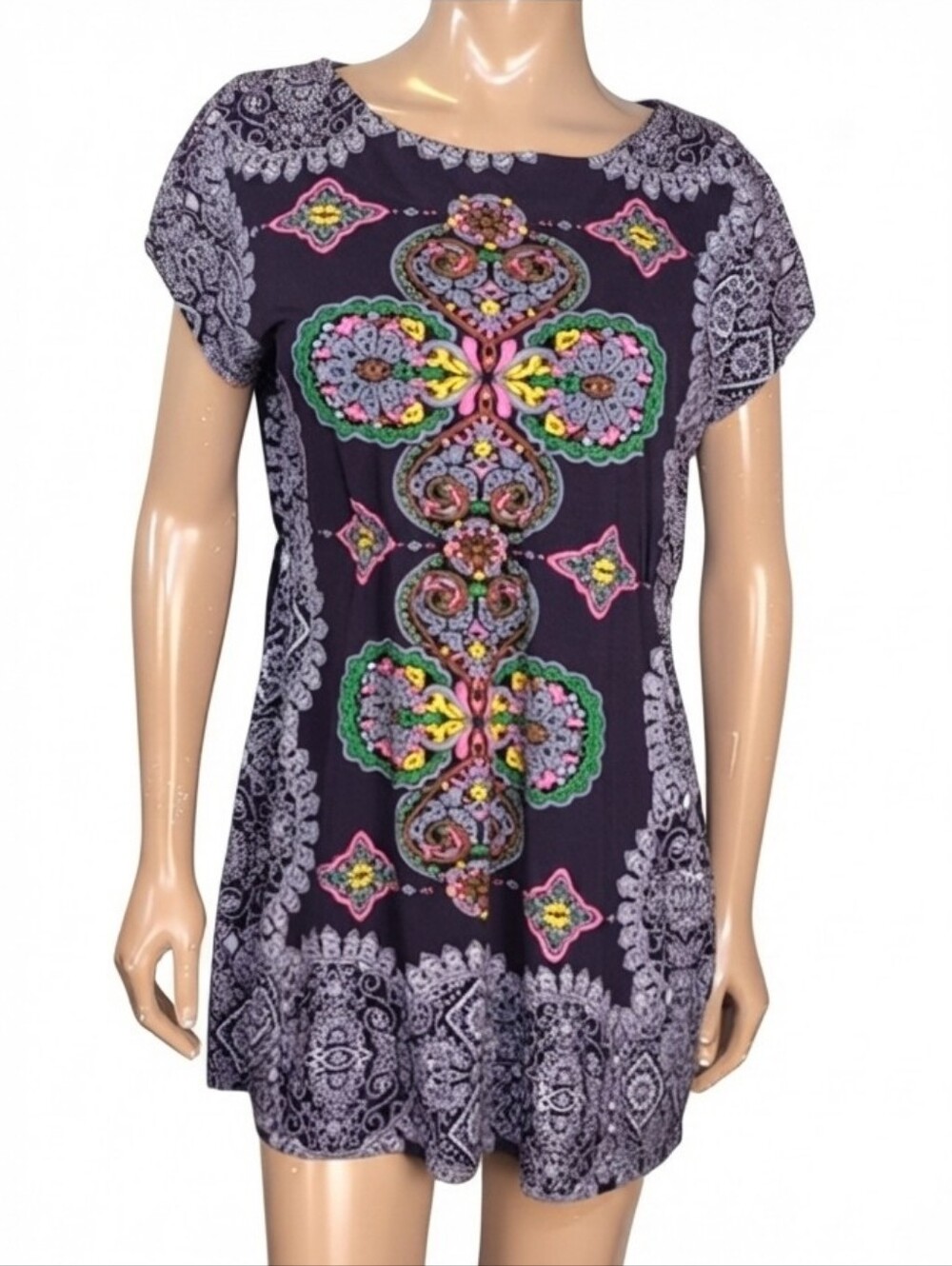 Urban Behavior Mini Tunic Dress Purple Boho Kaleidoscope Print Short Sleeve